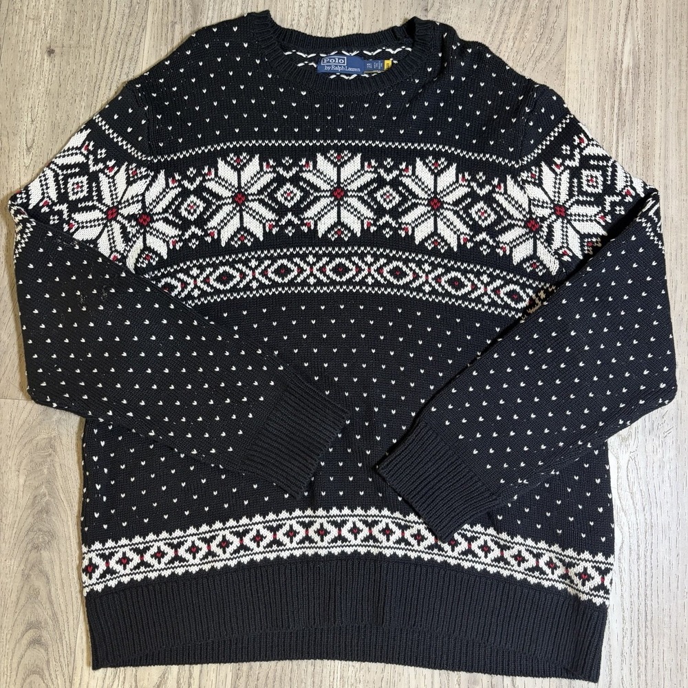 Polo By Ralph Lauren Sweater Mens XXL Black Fair Isle Crewneck Knit Pullover